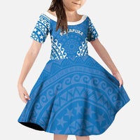 Custom Cook Islands Pukapuka Family Matching Tank Maxi Dress and Hawaiian Shirt Polynesian Tribal Tattoo LT05 Daughter's Dress Blue - Polynesian Pride