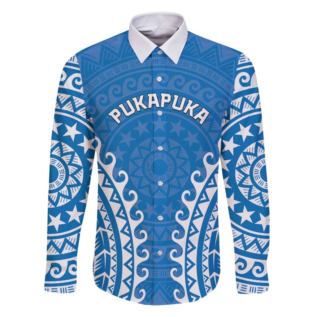Custom Cook Islands Pukapuka Family Matching Tank Maxi Dress and Hawaiian Shirt Polynesian Tribal Tattoo LT05 Dad's Shirt - Long Sleeve Blue - Polynesian Pride