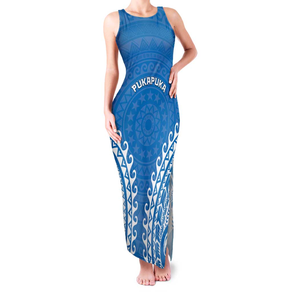 Custom Cook Islands Pukapuka Family Matching Tank Maxi Dress and Hawaiian Shirt Polynesian Tribal Tattoo LT05 Mom's Dress Blue - Polynesian Pride