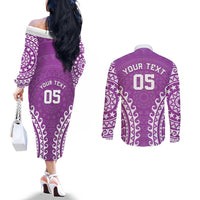 Custom Cook Islands Mangaia Couples Matching Off The Shoulder Long Sleeve Dress and Long Sleeve Button Shirt Polynesian Tribal Tattoo