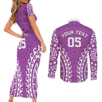 Custom Cook Islands Mangaia Couples Matching Short Sleeve Bodycon Dress and Long Sleeve Button Shirt Polynesian Tribal Tattoo