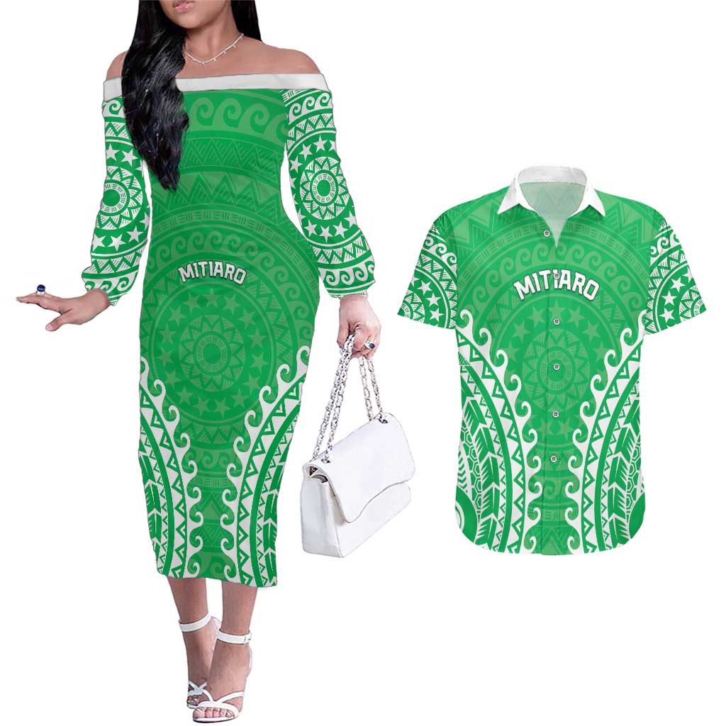Custom Cook Islands Mitiaro Couples Matching Off The Shoulder Long Sleeve Dress and Hawaiian Shirt Polynesian Tribal Tattoo