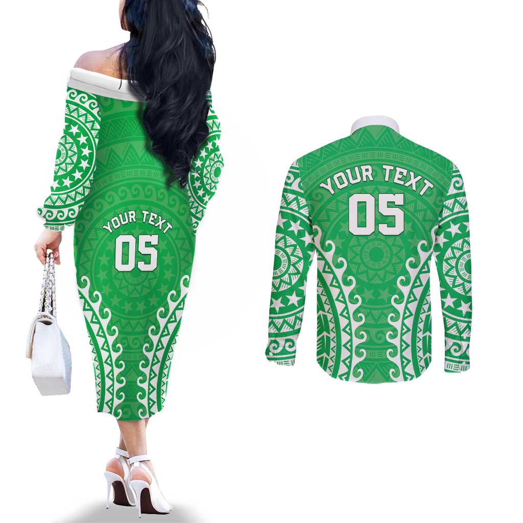 Custom Cook Islands Mitiaro Couples Matching Off The Shoulder Long Sleeve Dress and Long Sleeve Button Shirt Polynesian Tribal Tattoo