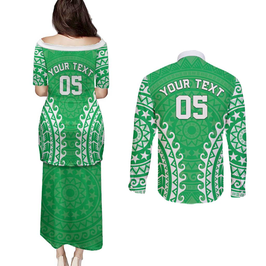 Custom Cook Islands Mitiaro Couples Matching Puletasi and Long Sleeve Button Shirt Polynesian Tribal Tattoo