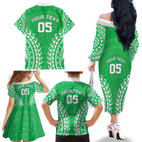 Custom Cook Islands Mitiaro Family Matching Off The Shoulder Long Sleeve Dress and Hawaiian Shirt Polynesian Tribal Tattoo