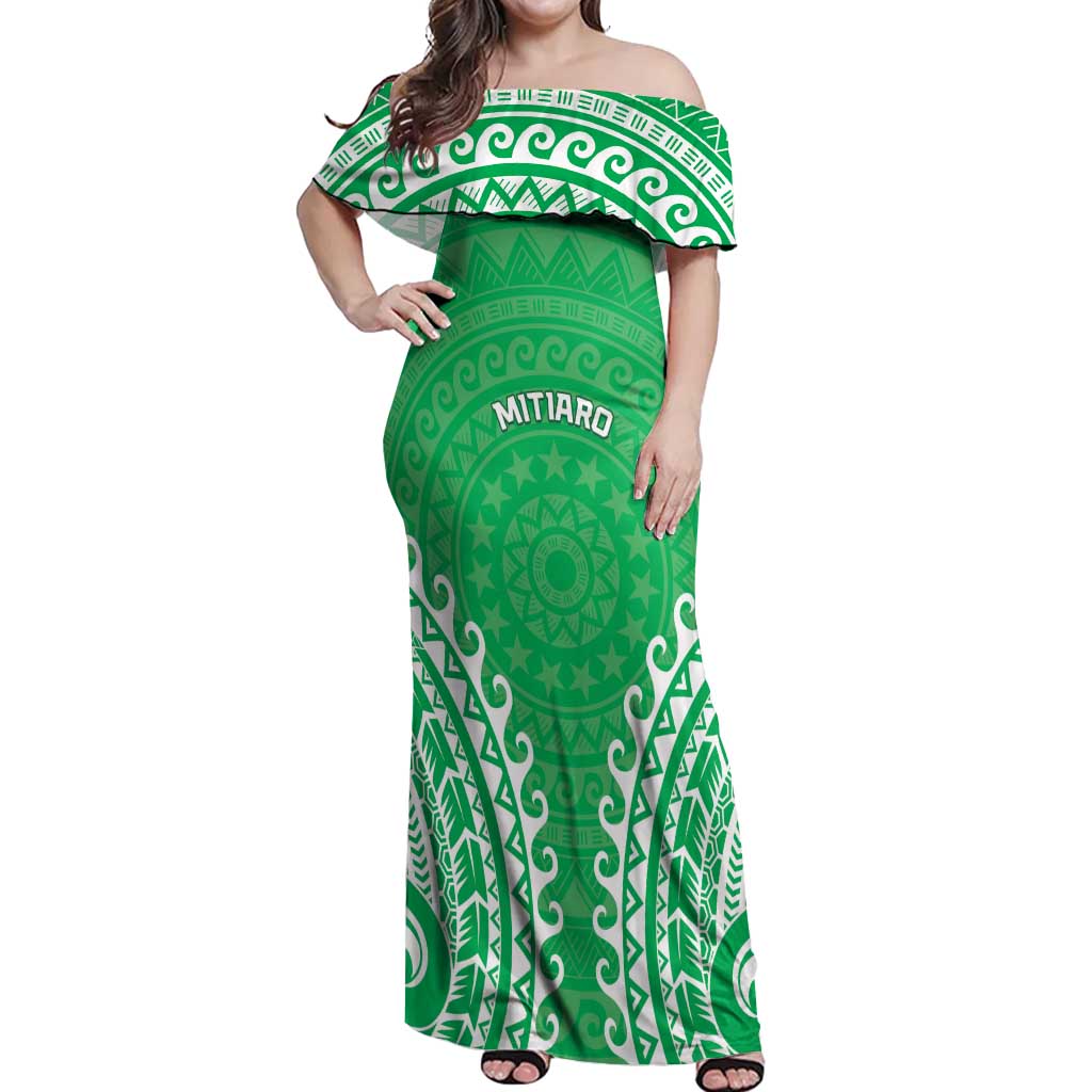 Custom Cook Islands Mitiaro Off Shoulder Maxi Dress Polynesian Tribal Tattoo LT05 Women Green - Polynesian Pride