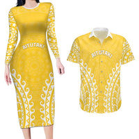 Custom Cook Islands Aitutaki Couples Matching Long Sleeve Bodycon Dress and Hawaiian Shirt Polynesian Tribal Tattoo