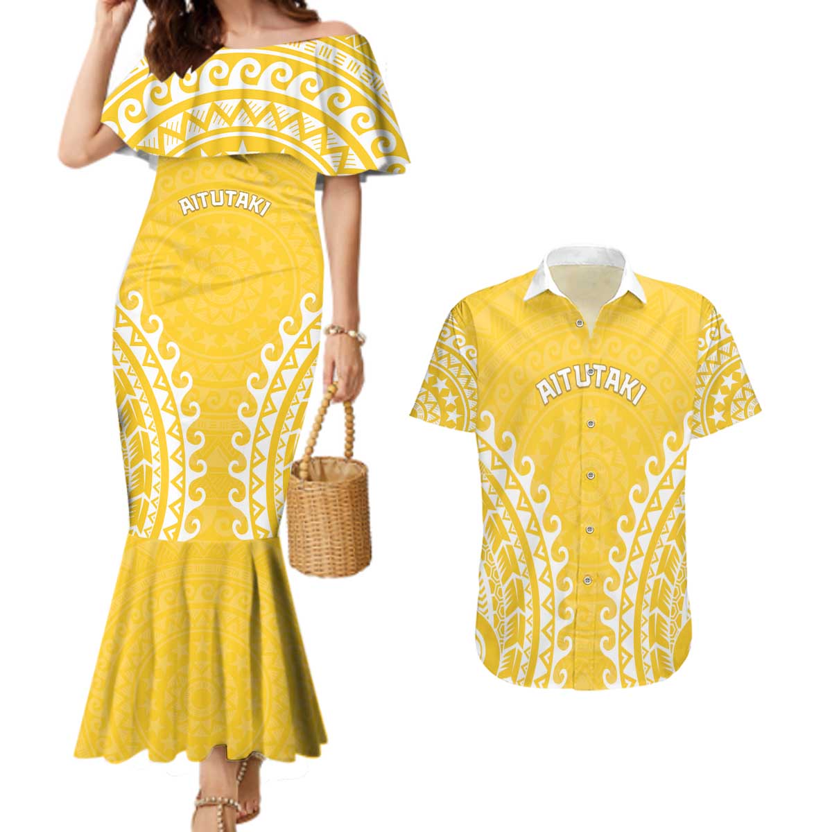 Custom Cook Islands Aitutaki Couples Matching Mermaid Dress and Hawaiian Shirt Polynesian Tribal Tattoo