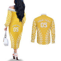 Custom Cook Islands Aitutaki Couples Matching Off The Shoulder Long Sleeve Dress and Long Sleeve Button Shirt Polynesian Tribal Tattoo