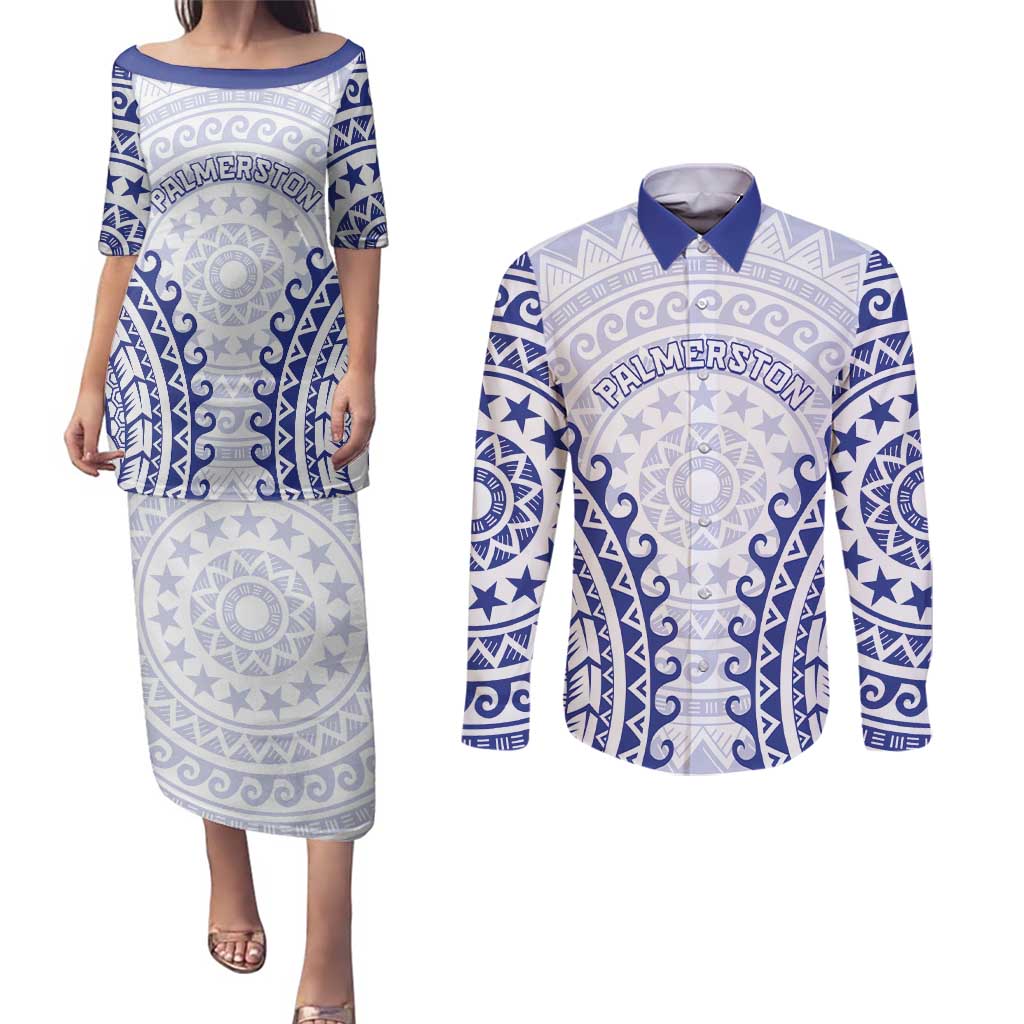 Custom Cook Islands Palmerston Couples Matching Puletasi and Long Sleeve Button Shirt Polynesian Tribal Tattoo