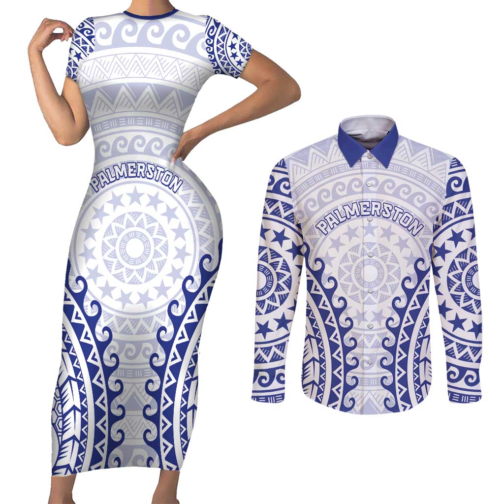 Custom Cook Islands Palmerston Couples Matching Short Sleeve Bodycon Dress and Long Sleeve Button Shirt Polynesian Tribal Tattoo