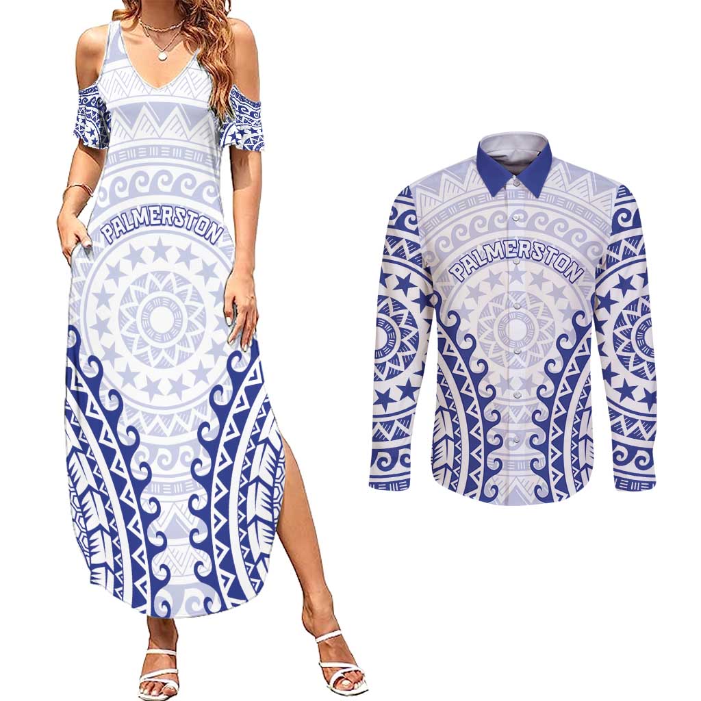 Custom Cook Islands Palmerston Couples Matching Summer Maxi Dress and Long Sleeve Button Shirt Polynesian Tribal Tattoo