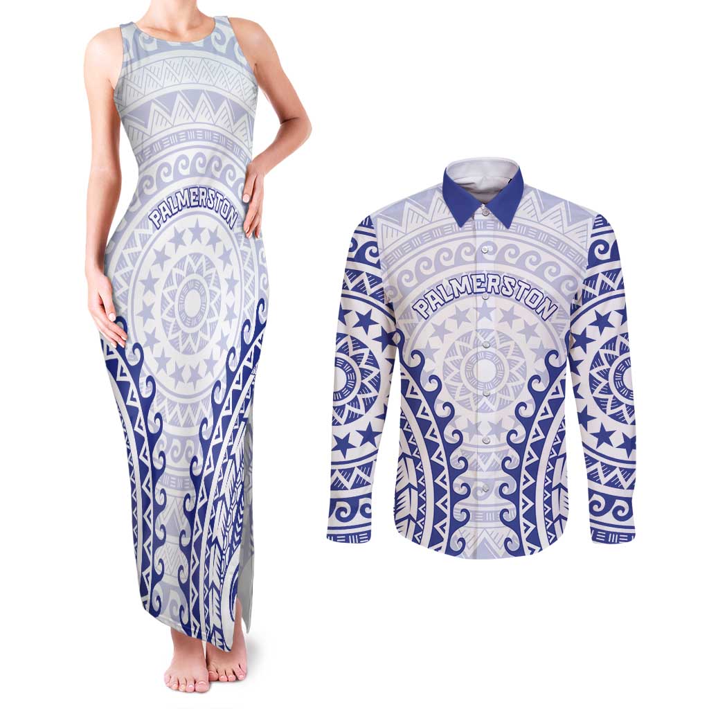Custom Cook Islands Palmerston Couples Matching Tank Maxi Dress and Long Sleeve Button Shirt Polynesian Tribal Tattoo