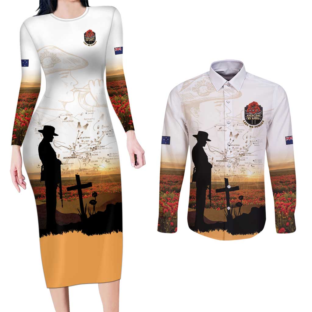 Australia And New Zealand ANZAC Day Couples Matching Long Sleeve Bodycon Dress and Long Sleeve Button Shirt Battle Of Beersheba