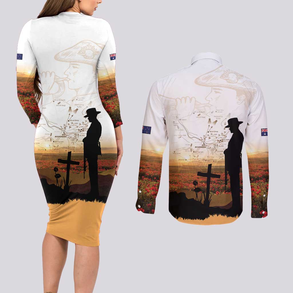 Australia And New Zealand ANZAC Day Couples Matching Long Sleeve Bodycon Dress and Long Sleeve Button Shirt Battle Of Beersheba