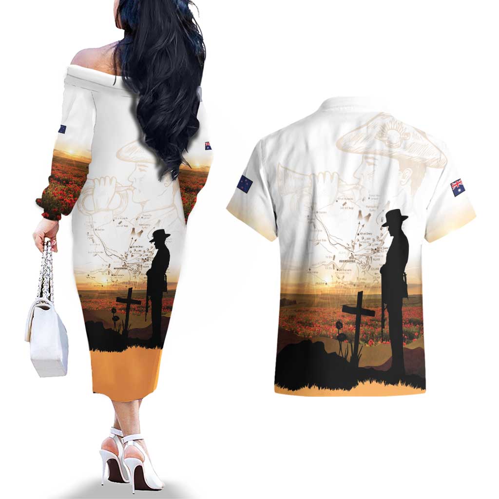 Australia And New Zealand ANZAC Day Couples Matching Off The Shoulder Long Sleeve Dress and Hawaiian Shirt Battle Of Beersheba