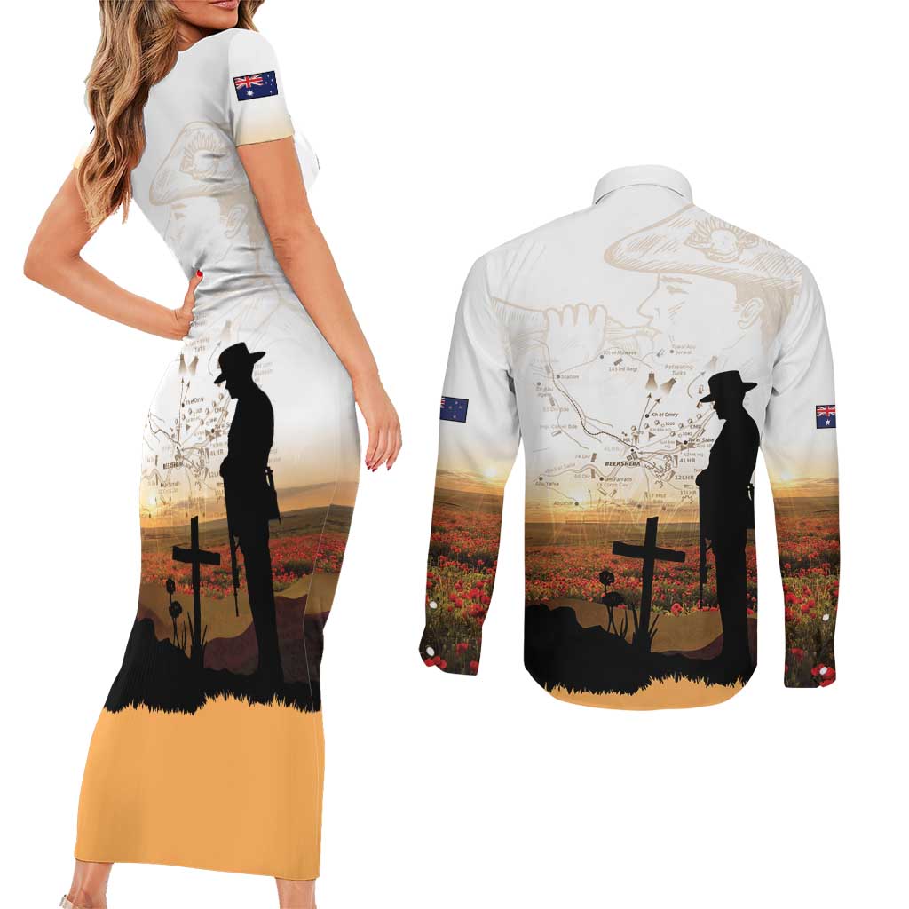 Australia And New Zealand ANZAC Day Couples Matching Short Sleeve Bodycon Dress and Long Sleeve Button Shirt Battle Of Beersheba
