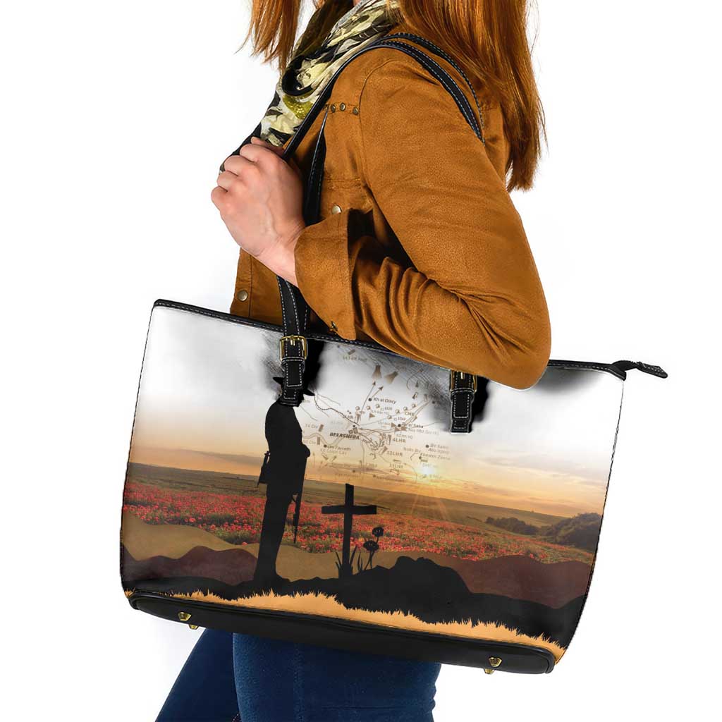 Australia And New Zealand ANZAC Day Leather Tote Bag Battle Of Beersheba LT05 Beige - Polynesian Pride