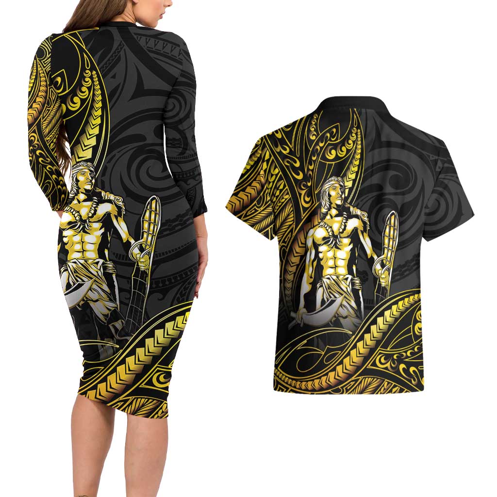 Filipinos Lapu Lapu Hero Couples Matching Long Sleeve Bodycon Dress and Hawaiian Shirt Gold Polynesian Tribal Tattoo