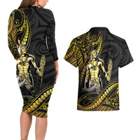 Filipinos Lapu Lapu Hero Couples Matching Long Sleeve Bodycon Dress and Hawaiian Shirt Gold Polynesian Tribal Tattoo