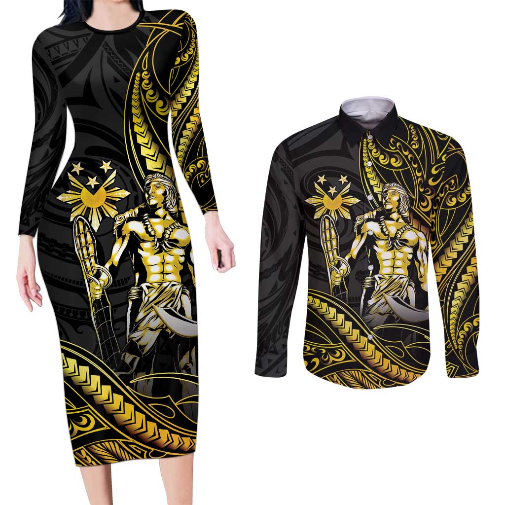 Filipinos Lapu Lapu Hero Couples Matching Long Sleeve Bodycon Dress and Long Sleeve Button Shirt Gold Polynesian Tribal Tattoo