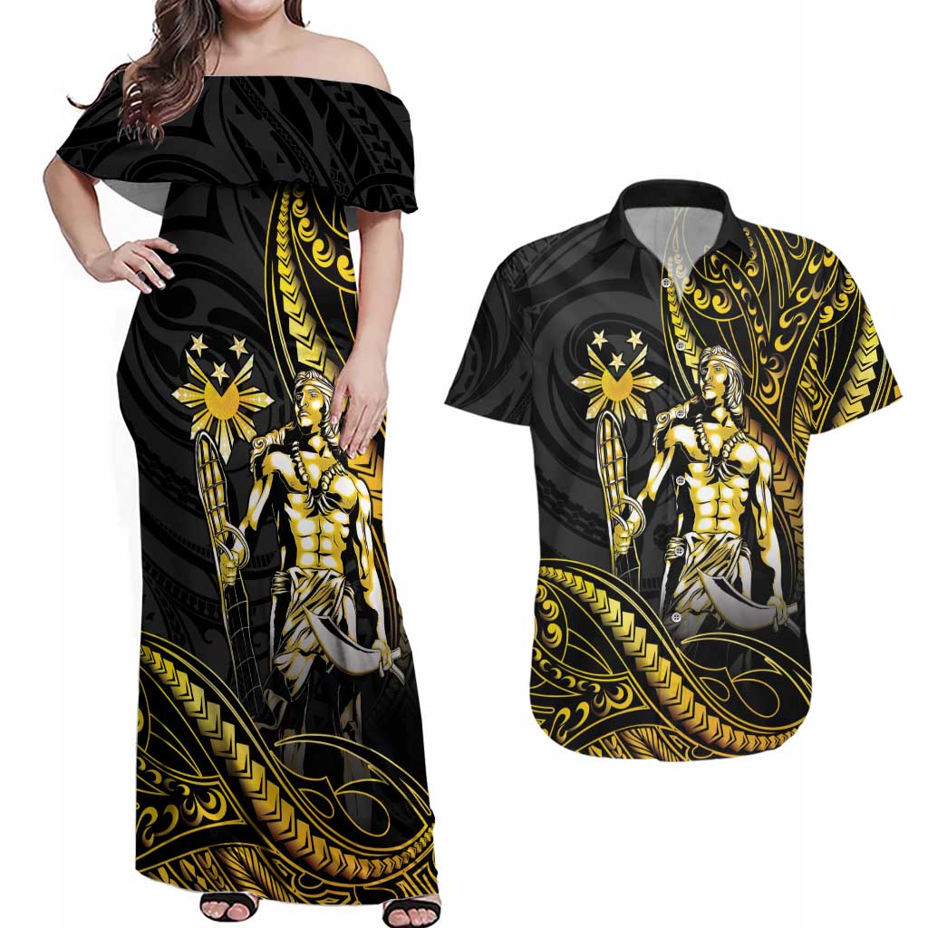 Filipinos Lapu Lapu Hero Couples Matching Off Shoulder Maxi Dress and Hawaiian Shirt Gold Polynesian Tribal Tattoo