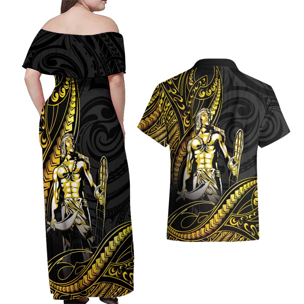 Filipinos Lapu Lapu Hero Couples Matching Off Shoulder Maxi Dress and Hawaiian Shirt Gold Polynesian Tribal Tattoo