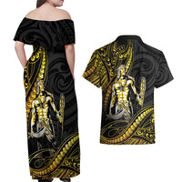 Filipinos Lapu Lapu Hero Couples Matching Off Shoulder Maxi Dress and Hawaiian Shirt Gold Polynesian Tribal Tattoo