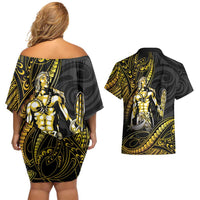 Filipinos Lapu Lapu Hero Couples Matching Off Shoulder Short Dress and Hawaiian Shirt Gold Polynesian Tribal Tattoo