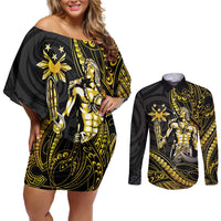 Filipinos Lapu Lapu Hero Couples Matching Off Shoulder Short Dress and Long Sleeve Button Shirt Gold Polynesian Tribal Tattoo