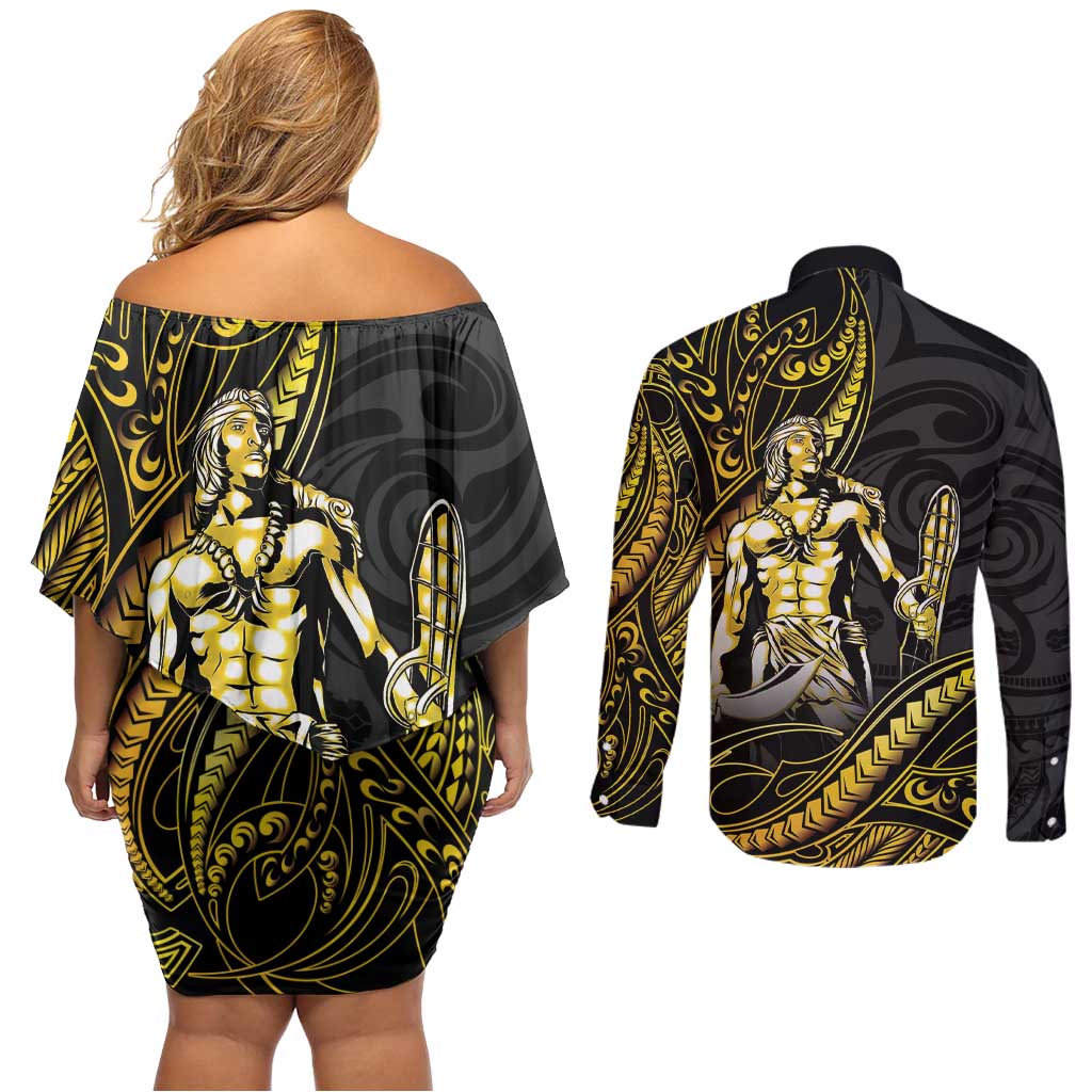 Filipinos Lapu Lapu Hero Couples Matching Off Shoulder Short Dress and Long Sleeve Button Shirt Gold Polynesian Tribal Tattoo