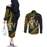 Filipinos Lapu Lapu Hero Couples Matching Off The Shoulder Long Sleeve Dress and Long Sleeve Button Shirt Gold Polynesian Tribal Tattoo