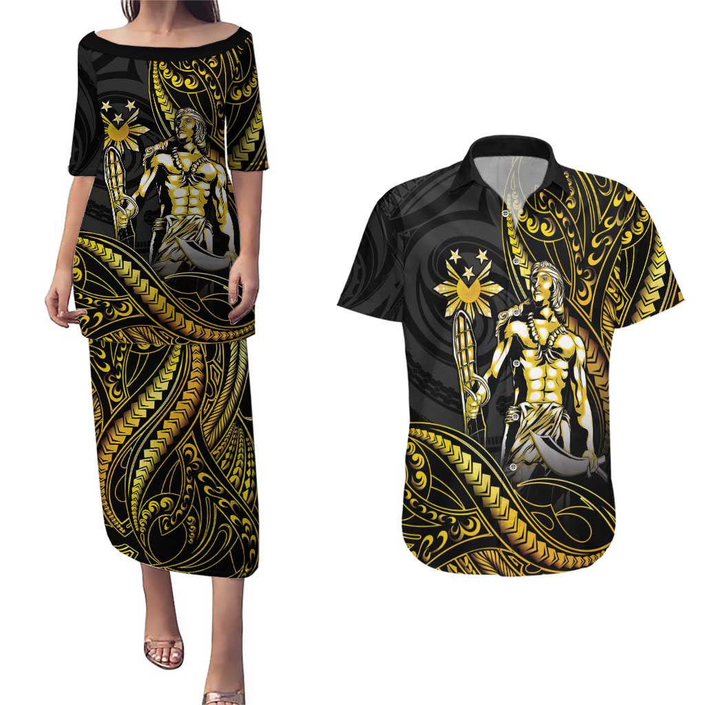 Filipinos Lapu Lapu Hero Couples Matching Puletasi and Hawaiian Shirt Gold Polynesian Tribal Tattoo