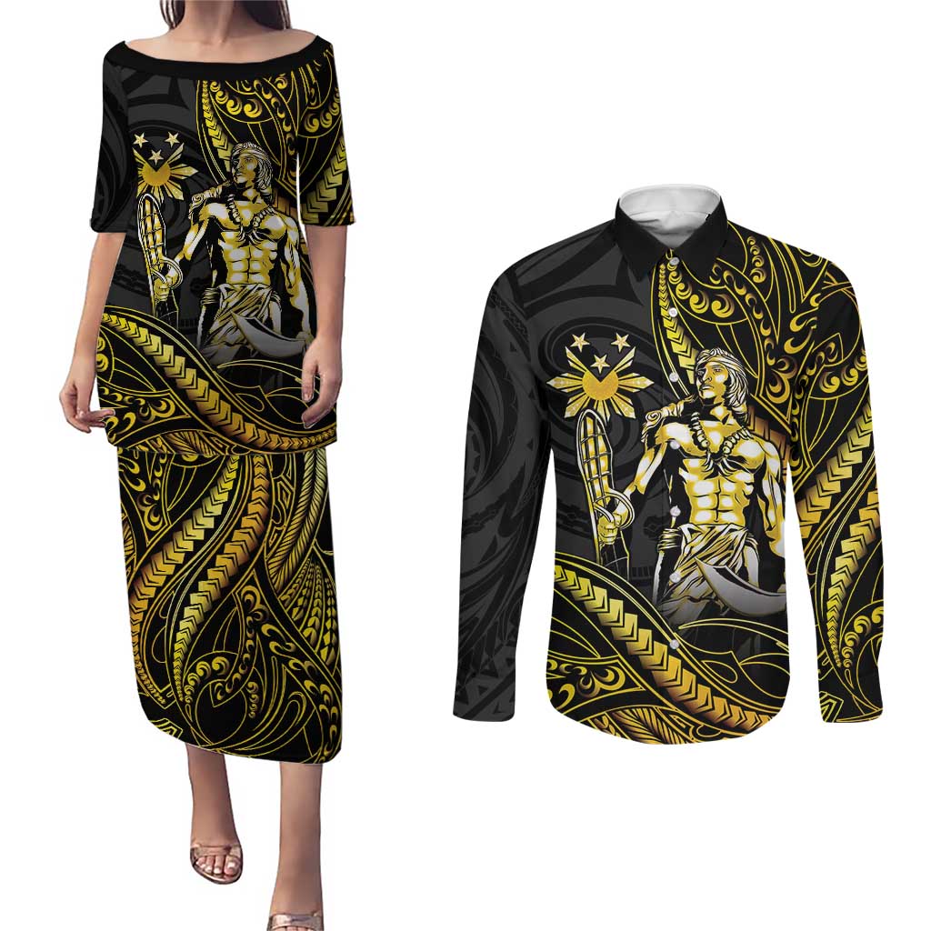 Filipinos Lapu Lapu Hero Couples Matching Puletasi and Long Sleeve Button Shirt Gold Polynesian Tribal Tattoo LT05 Gold - Polynesian Pride
