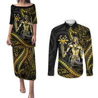 Filipinos Lapu Lapu Hero Couples Matching Puletasi and Long Sleeve Button Shirt Gold Polynesian Tribal Tattoo LT05 Gold - Polynesian Pride