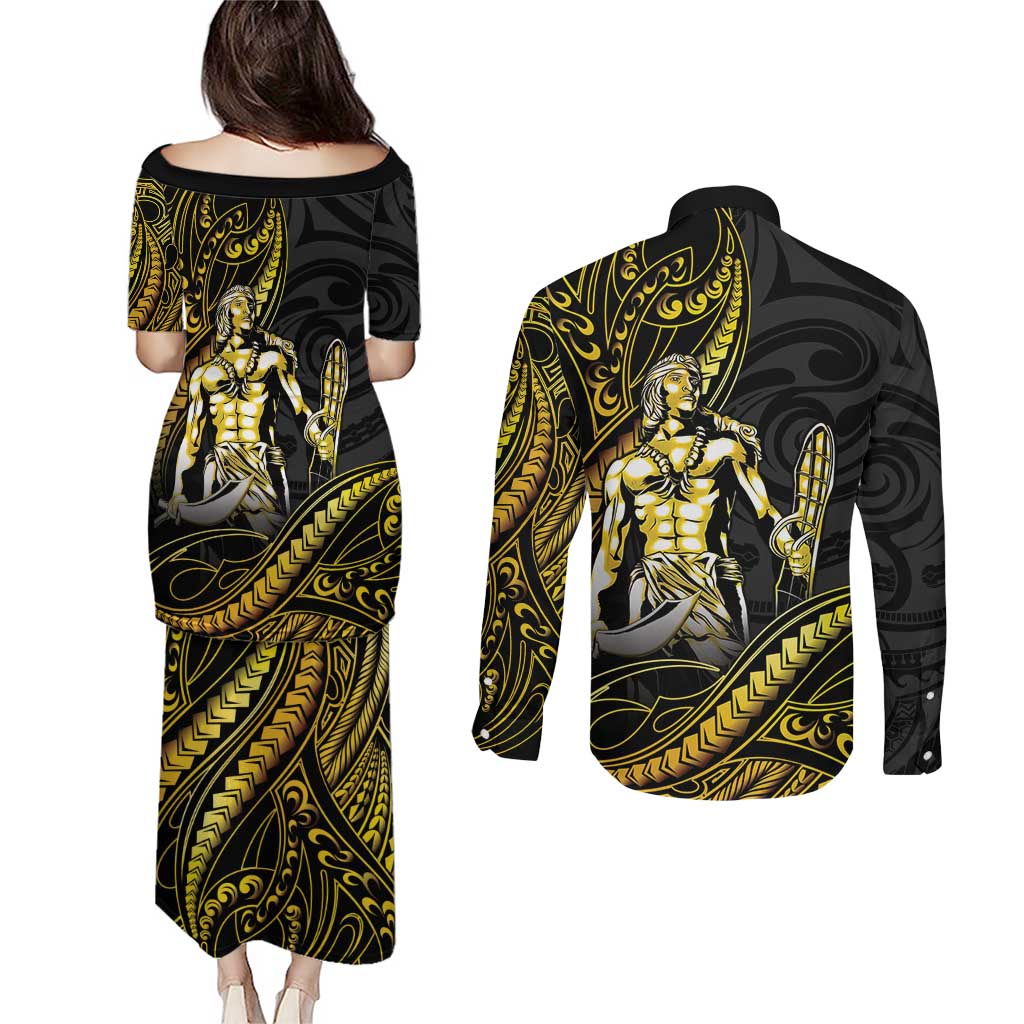 Filipinos Lapu Lapu Hero Couples Matching Puletasi and Long Sleeve Button Shirt Gold Polynesian Tribal Tattoo LT05 - Polynesian Pride