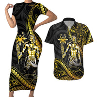 Filipinos Lapu Lapu Hero Couples Matching Short Sleeve Bodycon Dress and Hawaiian Shirt Gold Polynesian Tribal Tattoo
