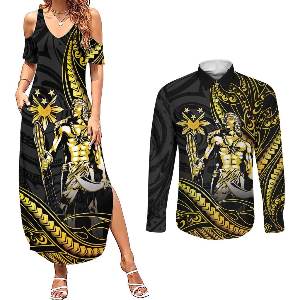Filipinos Lapu Lapu Hero Couples Matching Summer Maxi Dress and Long Sleeve Button Shirt Gold Polynesian Tribal Tattoo