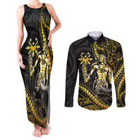 Filipinos Lapu Lapu Hero Couples Matching Tank Maxi Dress and Long Sleeve Button Shirt Gold Polynesian Tribal Tattoo