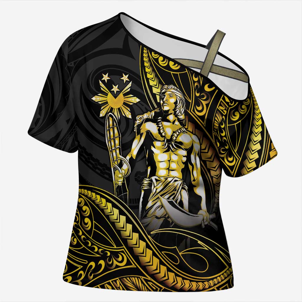 Filipinos Lapu Lapu Hero Cross Shoulder Shirt Gold Polynesian Tribal Tattoo