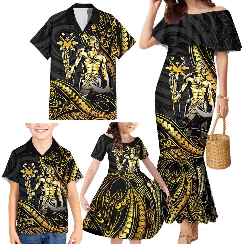 Filipinos Lapu Lapu Hero Family Matching Mermaid Dress and Hawaiian Shirt Gold Polynesian Tribal Tattoo