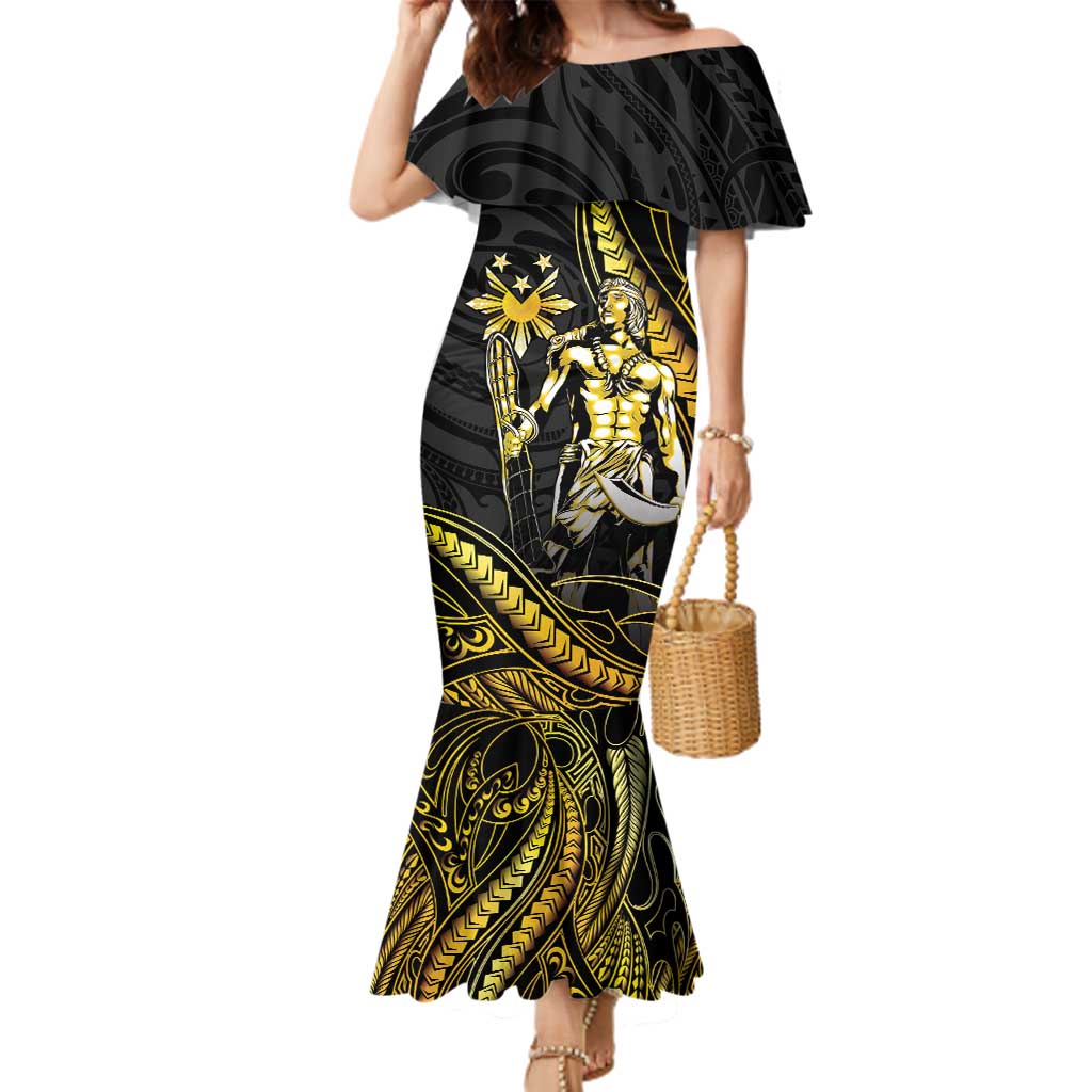 Filipinos Lapu Lapu Hero Family Matching Mermaid Dress and Hawaiian Shirt Gold Polynesian Tribal Tattoo