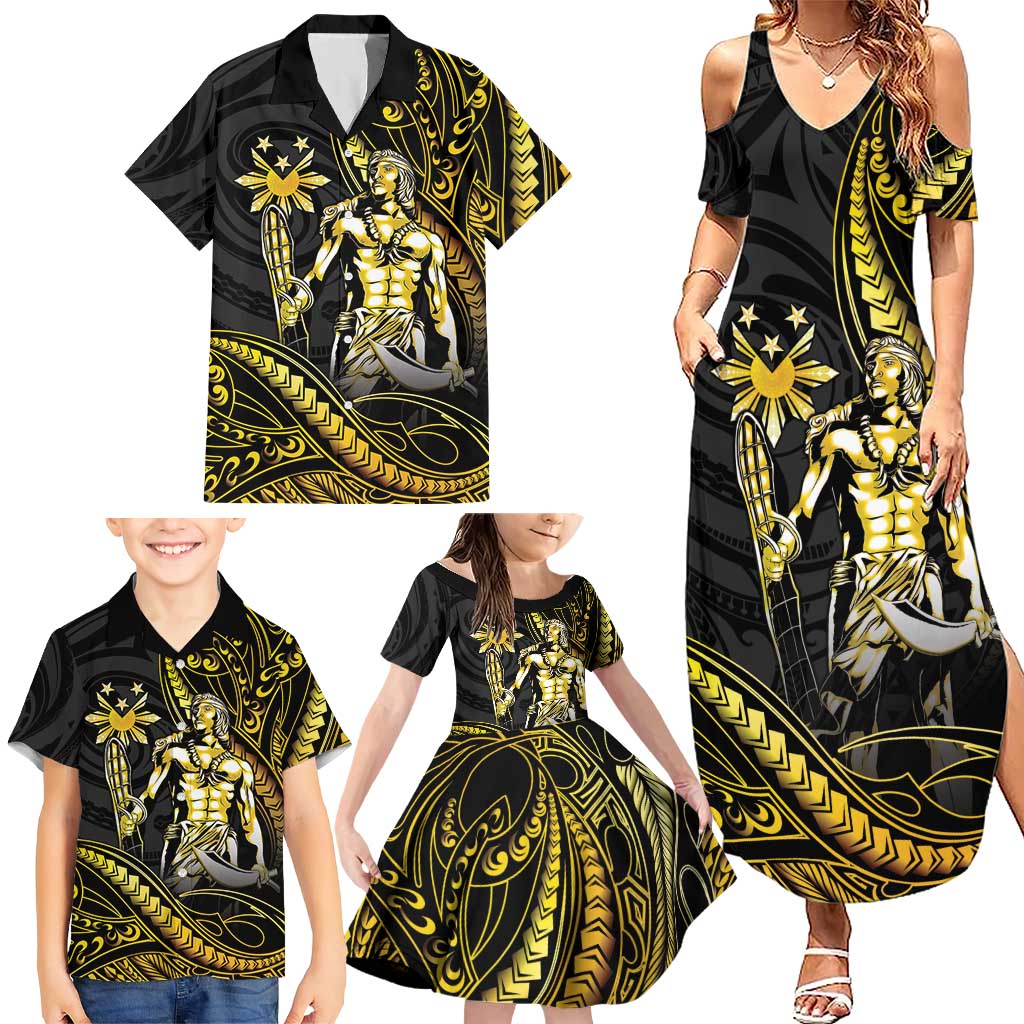 Filipinos Lapu Lapu Hero Family Matching Summer Maxi Dress and Hawaiian Shirt Gold Polynesian Tribal Tattoo