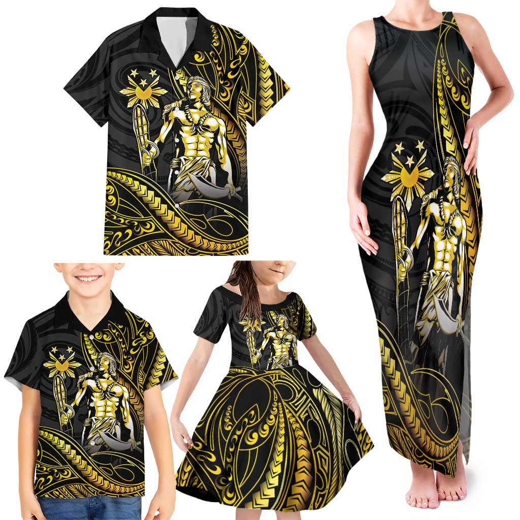 Filipinos Lapu Lapu Hero Family Matching Tank Maxi Dress and Hawaiian Shirt Gold Polynesian Tribal Tattoo