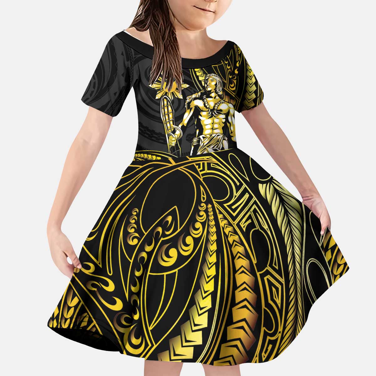 Filipinos Lapu Lapu Hero Kid Short Sleeve Dress Gold Polynesian Tribal Tattoo LT05 KID Gold - Polynesian Pride