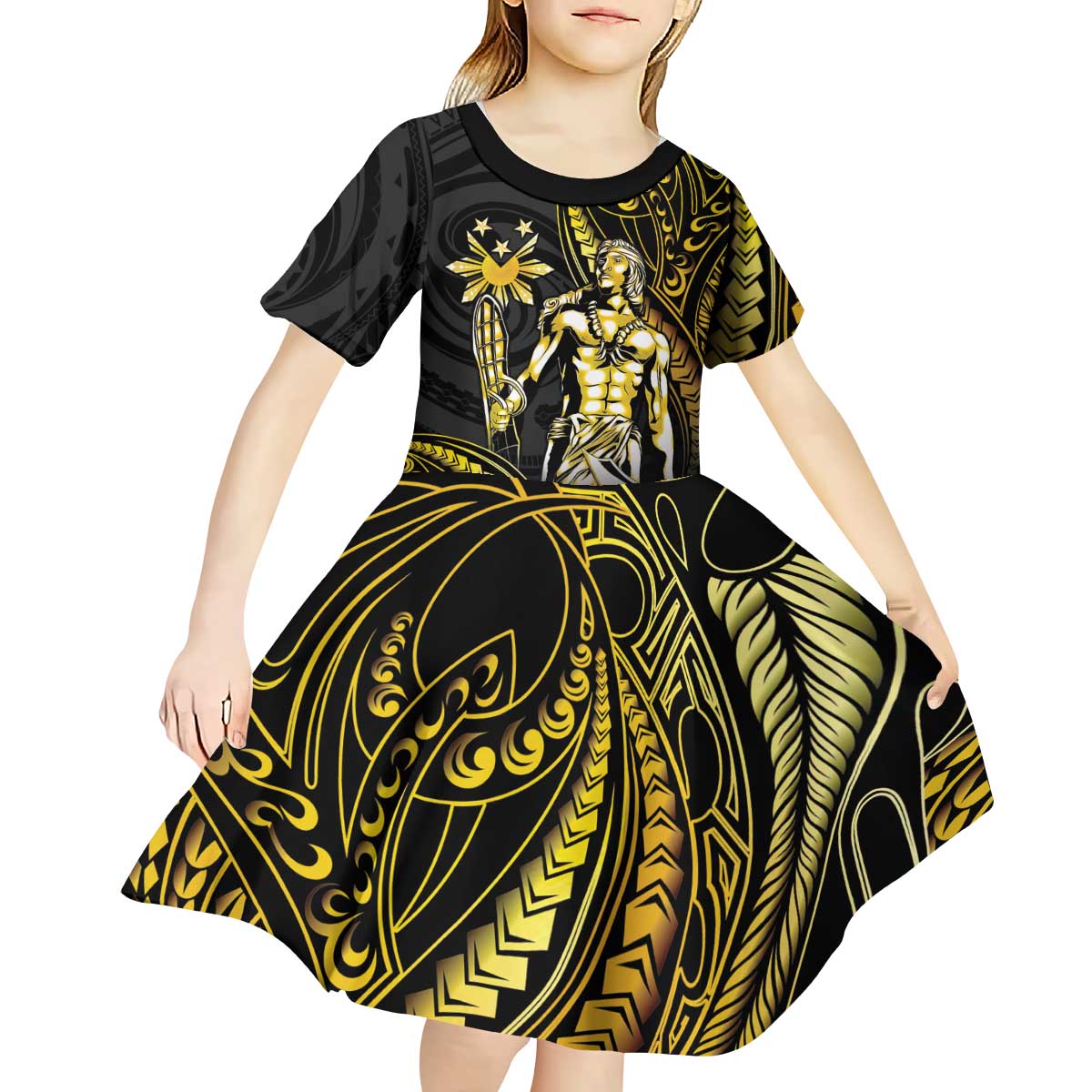 Filipinos Lapu Lapu Hero Kid Short Sleeve Dress Gold Polynesian Tribal Tattoo LT05 - Polynesian Pride