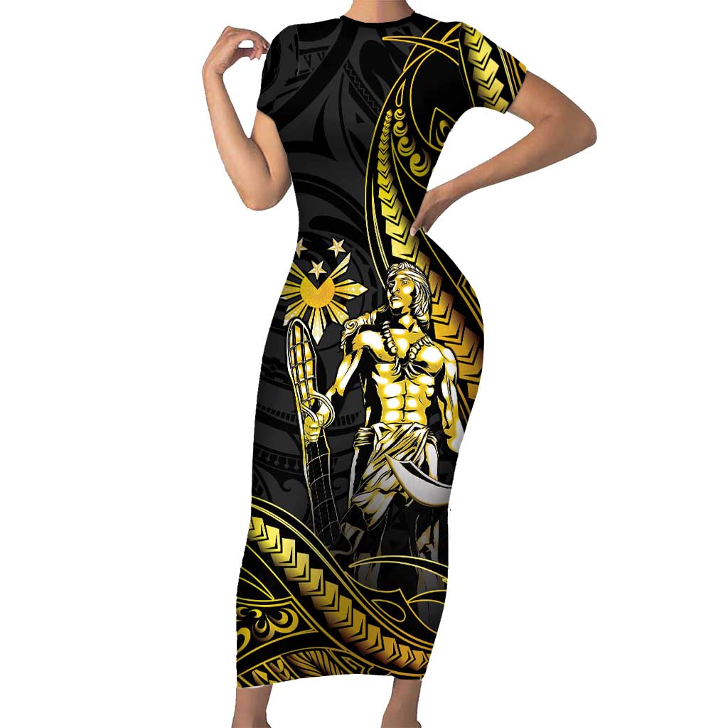 Filipinos Lapu Lapu Hero Short Sleeve Bodycon Dress Gold Polynesian Tribal Tattoo