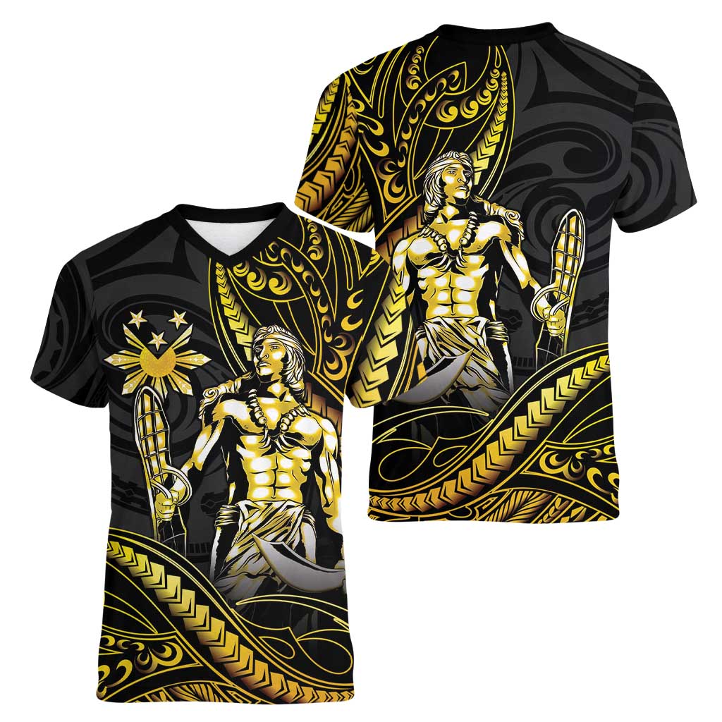 Filipinos Lapu Lapu Hero Women V-Neck T-Shirt Gold Polynesian Tribal Tattoo