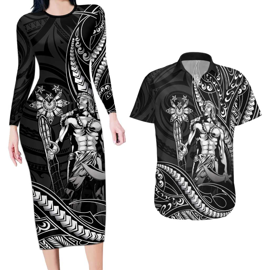 Filipinos Lapu Lapu Hero Couples Matching Long Sleeve Bodycon Dress and Hawaiian Shirt Black Polynesian Tribal Tattoo