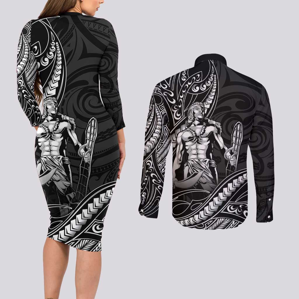 Filipinos Lapu Lapu Hero Couples Matching Long Sleeve Bodycon Dress and Long Sleeve Button Shirt Black Polynesian Tribal Tattoo